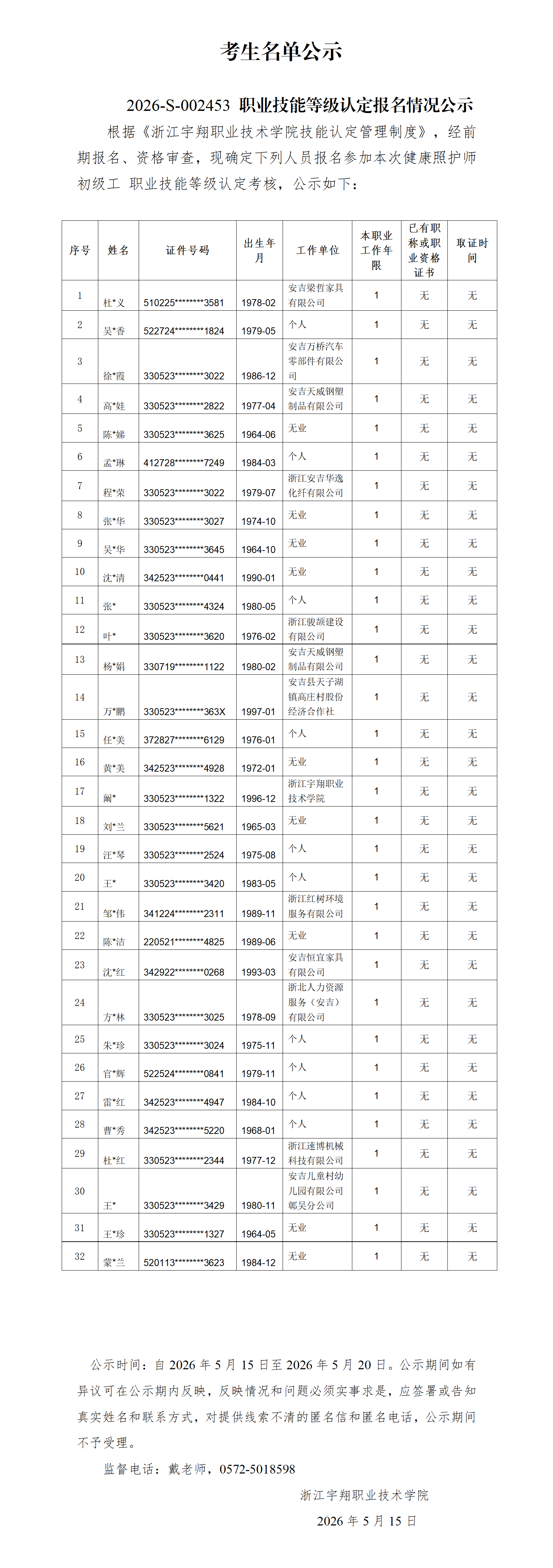 BB贝博艾弗森官方网站2026年5月健康照护师 社会 技能等级认定 社会 台账_01.png